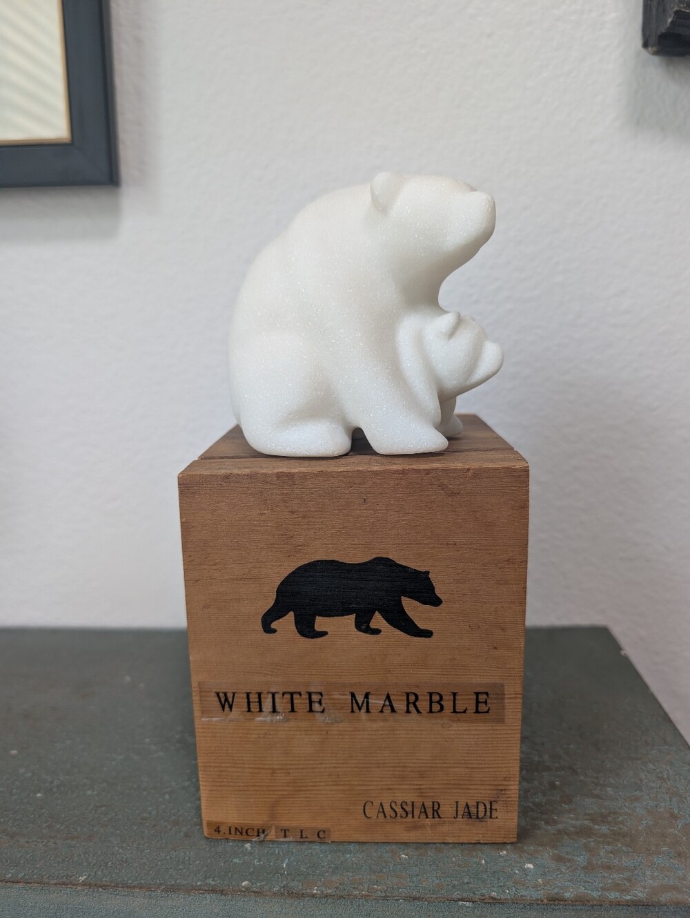 Cassiar Jade Heavy White Marble Polar Bear & Cub 4" Figurine with Box
